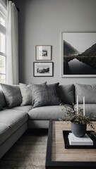 Modern living room with a large blank white frame, gray sofa, and decorative pillows.