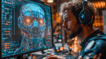 Game developer wearing headphones works on the 3d model of a futuristic robot
