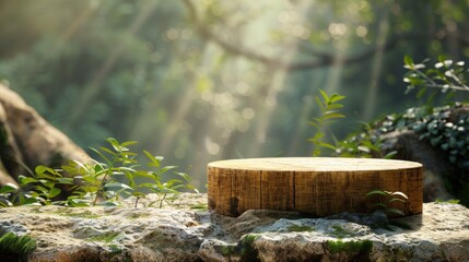 Fototapeta premium A large log sits on a rocky surface in a forest