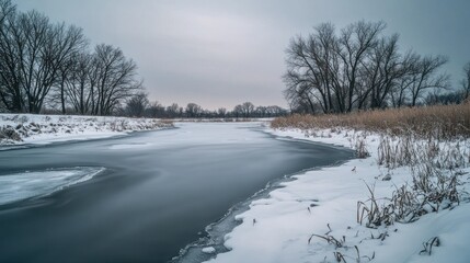 A serene winter landscape featuring a frozen river and bare trees under a cloudy sky.