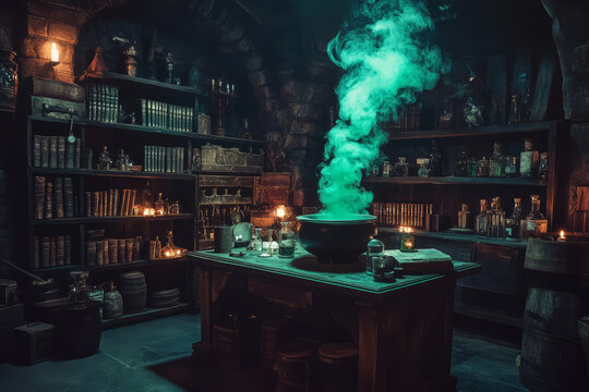 Dark witchs room with books and potion bottles. Bubbling cauldron emitting green smoke