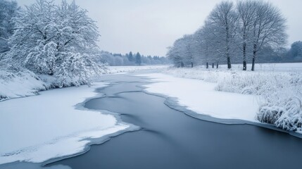 Obraz premium A serene winter landscape with a snow-covered river and frosted trees.