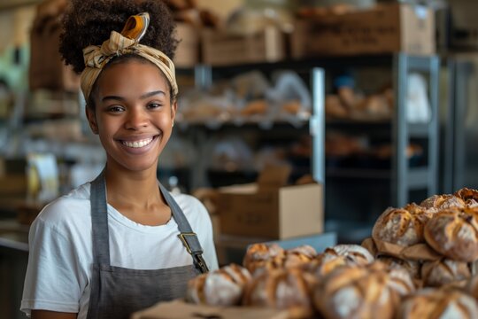 Bakery startup small business delivery. One African American female cook is packing handmade and fresh-baked bread and pastries in boxes and sending for online customer purchases in culinary kitchen.