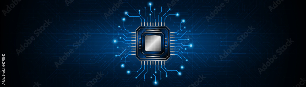 Aufkleber Microchip processor circuit board technology on dark blue background. Information Processing Concept. Circuit board hi-tech technology background. vector illustration	