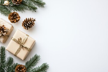 Elegant Christmas gifts adorned with golden ribbons, surrounded by pine cones and fir branches on a white background. Captures holiday spirit and festive warmth. Generated AI