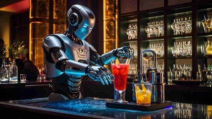 Robot Bartender Serving Cocktails in a Futuristic Bar - .Generated AI