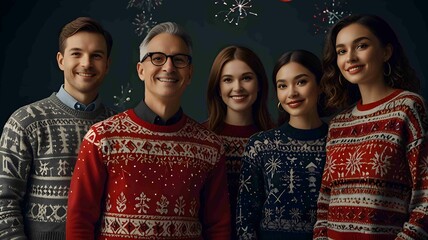 Happy Family in Festive Sweaters Celebrating Christmas Together - .Generated AI