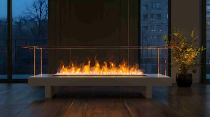 Modern Minimalist Fireplace with Elegant Flames in a Cozy Interior - .Generated AI