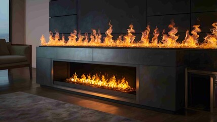 Modern Minimalist Fireplace with Elegant Flames in a Cozy Interior - .Generated AI