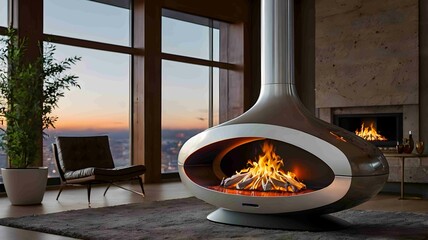 Modern Minimalist Fireplace with Elegant Flames in a Cozy Interior - .Generated AI