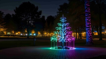 Illuminated Neon Tree in a Park During Nighttime - .Generated AI