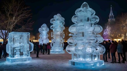 Intricate Ice Sculptures Illuminated at Night in a Winter Festival - .Generated AI