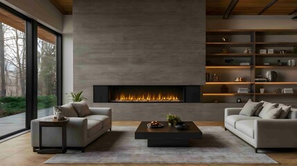Modern Minimalist Fireplace with Elegant Flames in a Cozy Interior - .Generated AI.