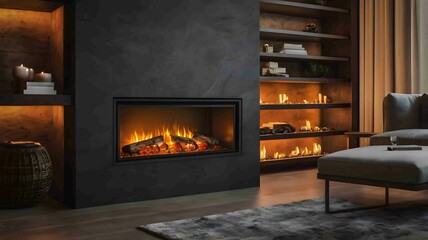 Modern Minimalist Fireplace with Elegant Flames in a Cozy Interior - .Generated AI.