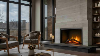 Modern Minimalist Fireplace with Elegant Flames in a Cozy Interior - .Generated AI.