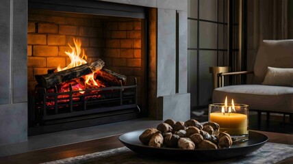 Modern Minimalist Fireplace with Elegant Flames in a Cozy Interior - .Generated AI.