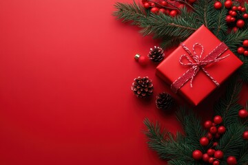 Festive red Christmas gift box with ribbon surrounded by pine branches, cones, and ornaments on a red background. Perfect for holiday themes. Generated AI
