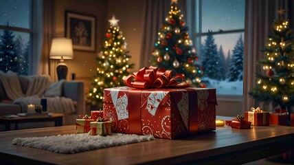 Santa Claus and Helper Opening Christmas Gifts by the Tree - .Generated AI