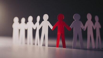 Red figure standing out among white paper people cutouts