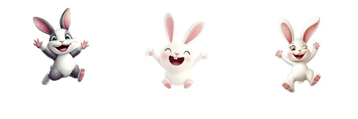 Obraz premium Three playful cartoon rabbits cheerfully jumping with excitement, perfect for representing joy and fun in children's themes. On white background.