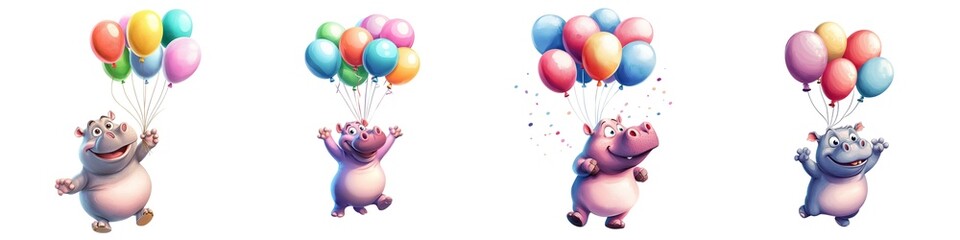 A cheerful cartoon hippo celebrating with colorful balloons, perfect for fun and playful illustrations. On white background.