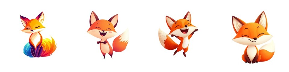 Obraz premium Colorful and cheerful cartoon foxes in various playful poses, perfect for children's media, illustrations, and designs. On white background.