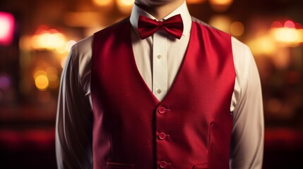 Elegant bartender in red vest and bow tie serving drinks in a lively bar at night
