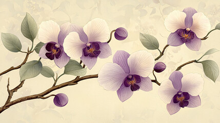 Floral Orchids Seamless Pattern with Soft Purple Petals and Green Leaves for Artistic Wallpaper