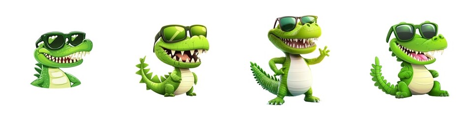 Fototapeta premium Colorful cartoon alligator characters wearing sunglasses, displaying various fun poses, perfect for children's themes and designs. On white background.