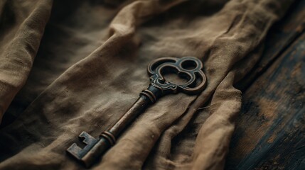 Antique Key on Fabric Background