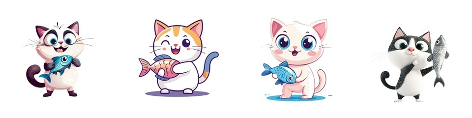 Obraz premium Cute cartoon cats holding fish, perfect for children's illustrations and pet-themed designs. On white background.
