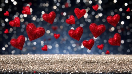 Floating red glitter hearts background with bokeh lights