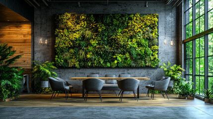 Obraz premium A modern dining space with a green wall, wooden table, and grey chairs.
