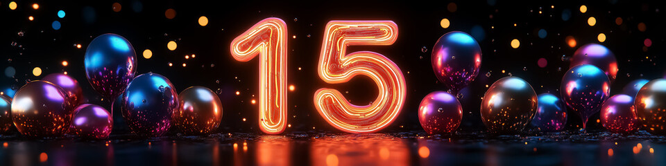 A vibrant neon representation of '15' surrounded by colorful balloons, perfect for a birthday or anniversary celebration.