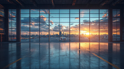 Fototapeta premium A private plane sits on the tarmac with a city skyline and sunset in the background.