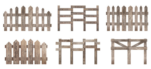 Different wooden fences isolated on white, set