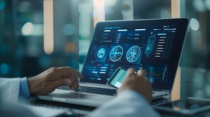 Interactive Digital Health Portal on Laptop Displaying Data Analytics and Medical Records