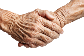 High-quality stock photograph, capturing an aged hand, solitary on a white backdrop, full body view, isolated, centered, showing every wrinkle and line of life lived