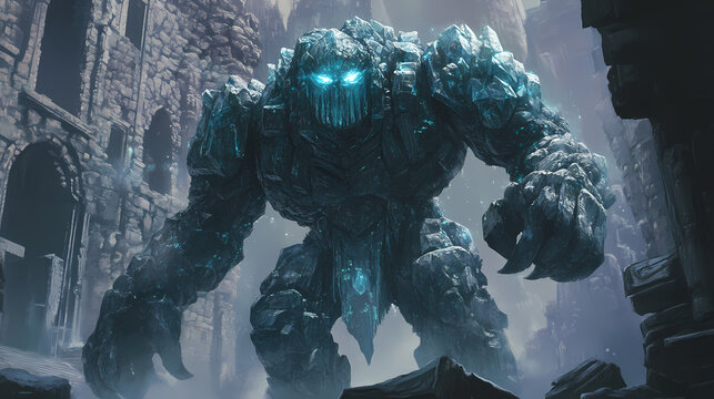 A towering golem constructed from shards of crystal and stone, its eyes glowing with an otherworldly energy as it stands guard over a hidden temple. Golem. Illustration