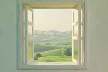 Fototapeta premium Open window with green hills landscape outside. Open white window to beautiful spring landscape with green grass and blue sky