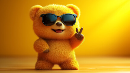 A cheerful cartoon bear in sunglasses poses playfully,  giving a V-sign or peace sign, perfect for summer themes and children's events.