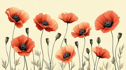 Obraz premium Seamless Pattern of Poppies with Bold Red Petals and Green Leaves for Decorative Art