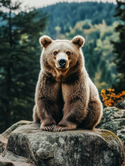 Obraz premium A serene portrait of a bear in its natural habitat, ideal for wildlife awareness campaigns and nature-themed decor.