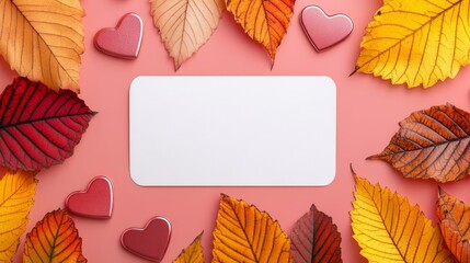 Blank white card surrounded by colorful autumn leaves and red hearts on a pink background