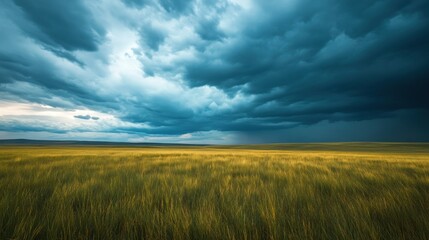 Obraz premium A dramatic sky looms over a golden field, capturing nature's beauty and tension.