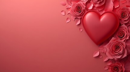 Red heart with roses on a pink background