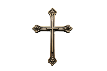 Single flat bronze metal cross, centered, full-body isolation against a pristine white background, high-resolution stock photography, emphasis on texture and reflective qualities of metal