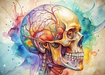study of human cranial anatomy intricate close-up neck structures illustrations line art style watercolor
