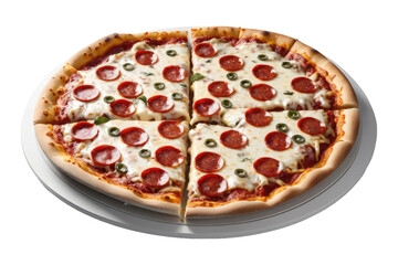 Single pizza, centered, full body view, isolated against a pure white backdrop, high gloss finish, cleanly cut edges, toppings in sharp focus showcasing texture, high-quality stock photograph