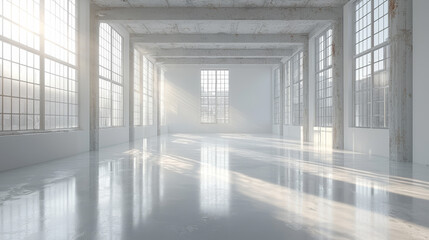 Fototapeta premium Sunlight streams through large windows in a spacious, empty loft.